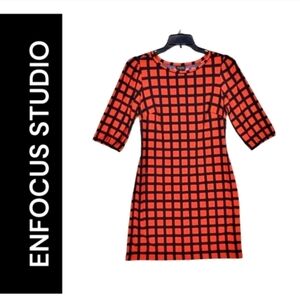 New! Enfocus Studio Orange Red Grid Mini Dress